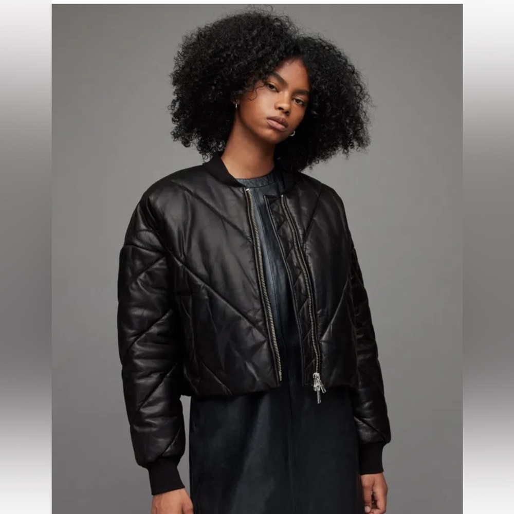 All Saints Lamb Leather Bailey Puffer Jacket - black / boxy oversized fit - Picture 3 of 13
